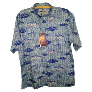 VTG Sportif USA Short Sleeve Twill Button Fish Ocean Shirt NWT LARGE Blue Gray